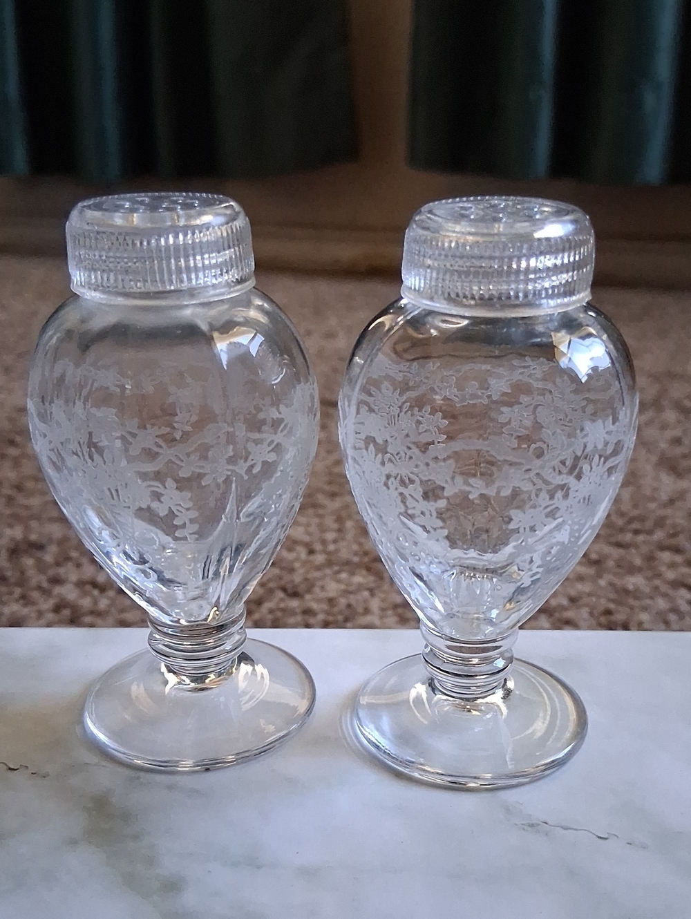 Fostoria Vintage Clear Etched Glass Salt and Pepper Shakers